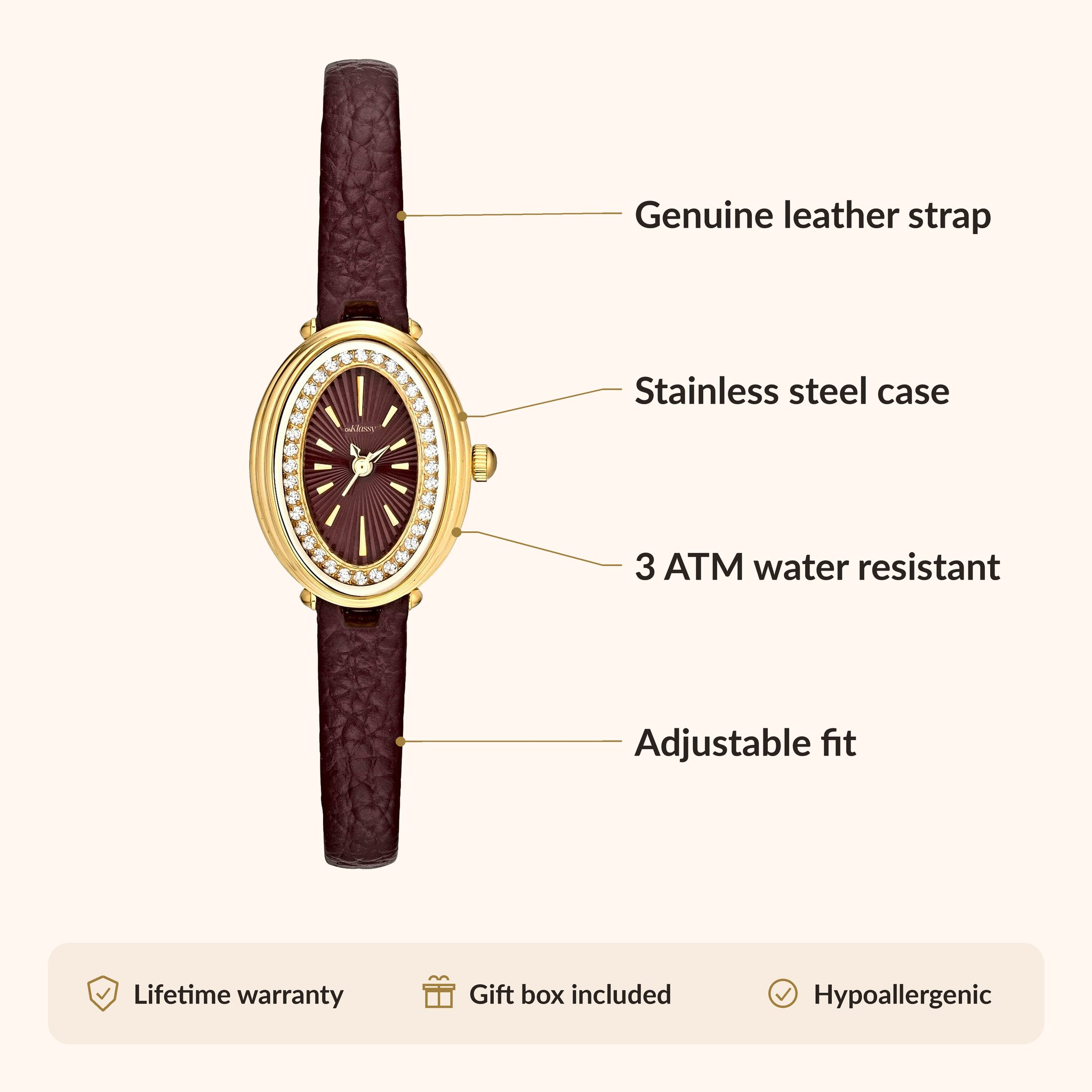 OhKlassy Livia Leather Gold women's vintage-inspired watch, size and features infographic