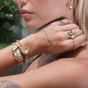 Close-up of a person wearing gold jewelry including a watch, bracelet, and ring.