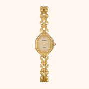 Gold wristwatch with a chain strap on a white background