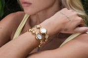 Woman wearing gold jewelry including earrings, bracelet, and ring with a natural background