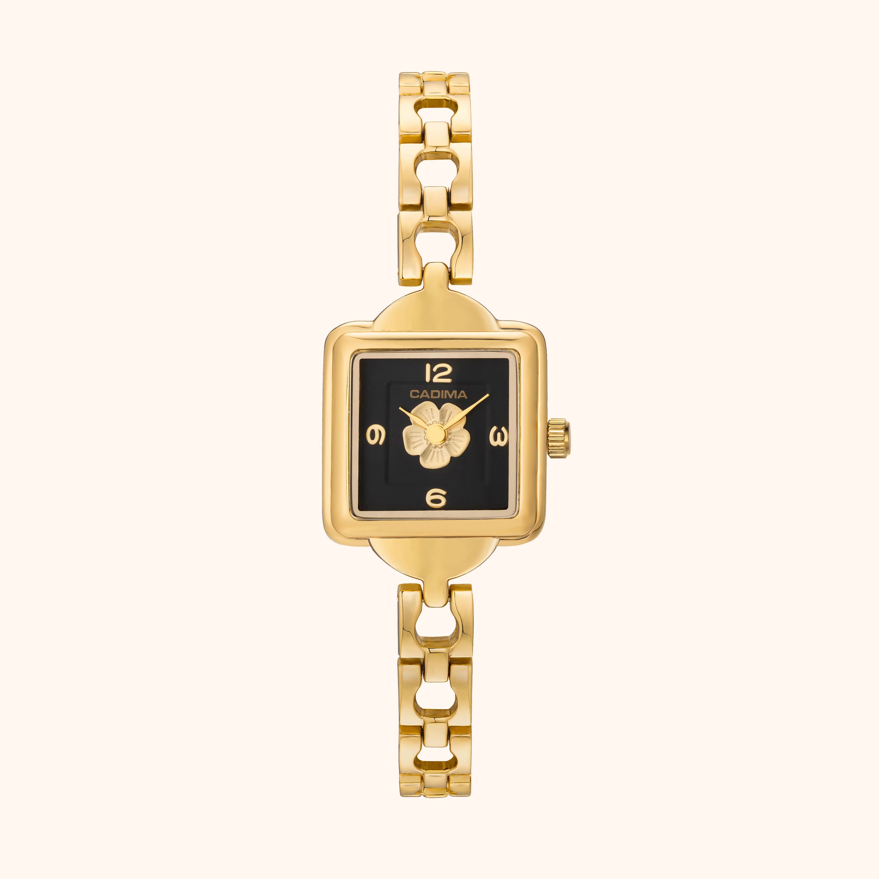 A gold-tone stainless steel Lila watch with a black gold dial and a bracelet of the same metal.