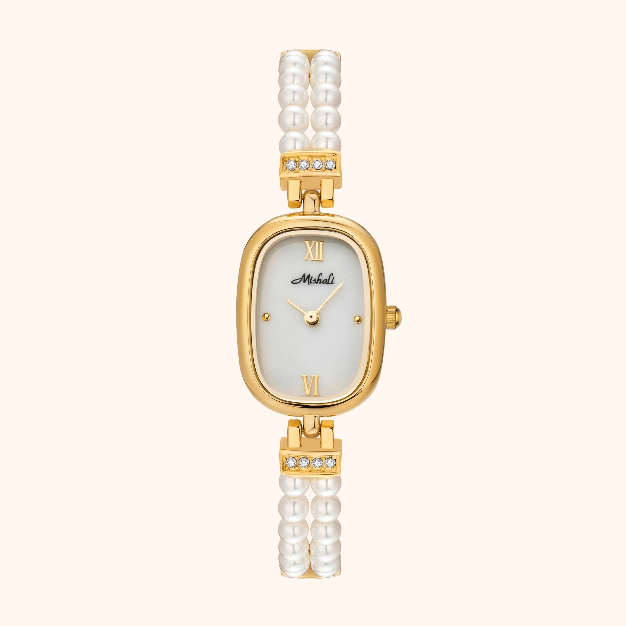 Gold watch Davina luxe white background and real pearl bracelet