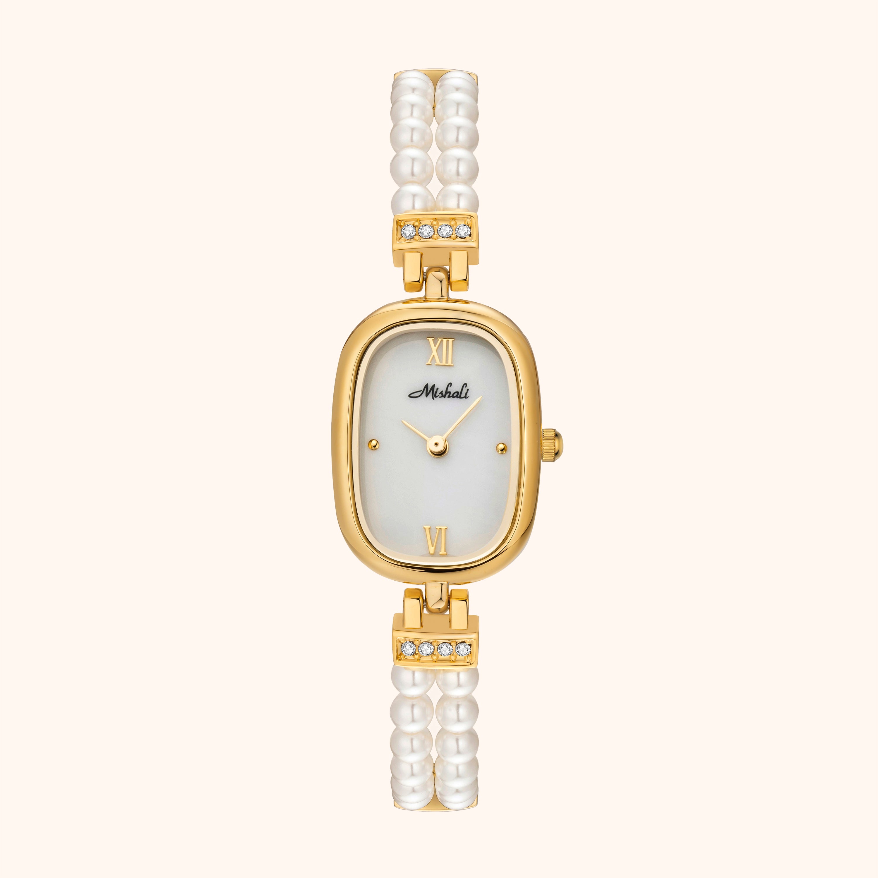 Gold watch Davina luxe white background and real pearl bracelet