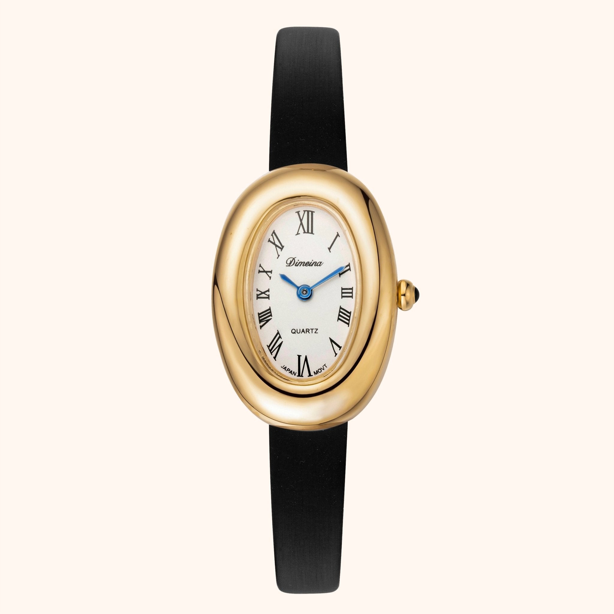 A gold-toned watch with a black leather band and a white dial featuring black Roman numerals and a blue hand.