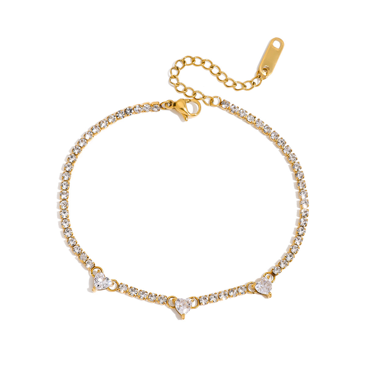 Gold bracelet with heart-shaped diamond charms on a white background