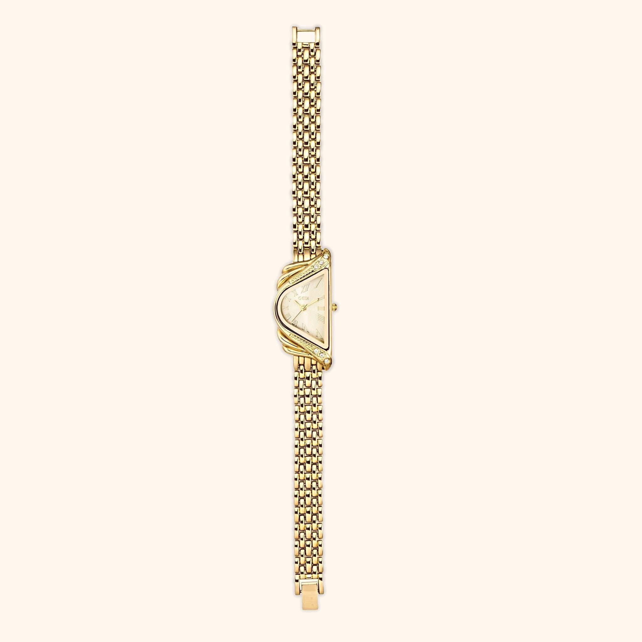 OhKlassy Aurelia Gold women's vintage-inspired watch, bracelet and clasp detail