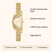 OhKlassy Aurelia Gold women's vintage-inspired watch, size and features infographic