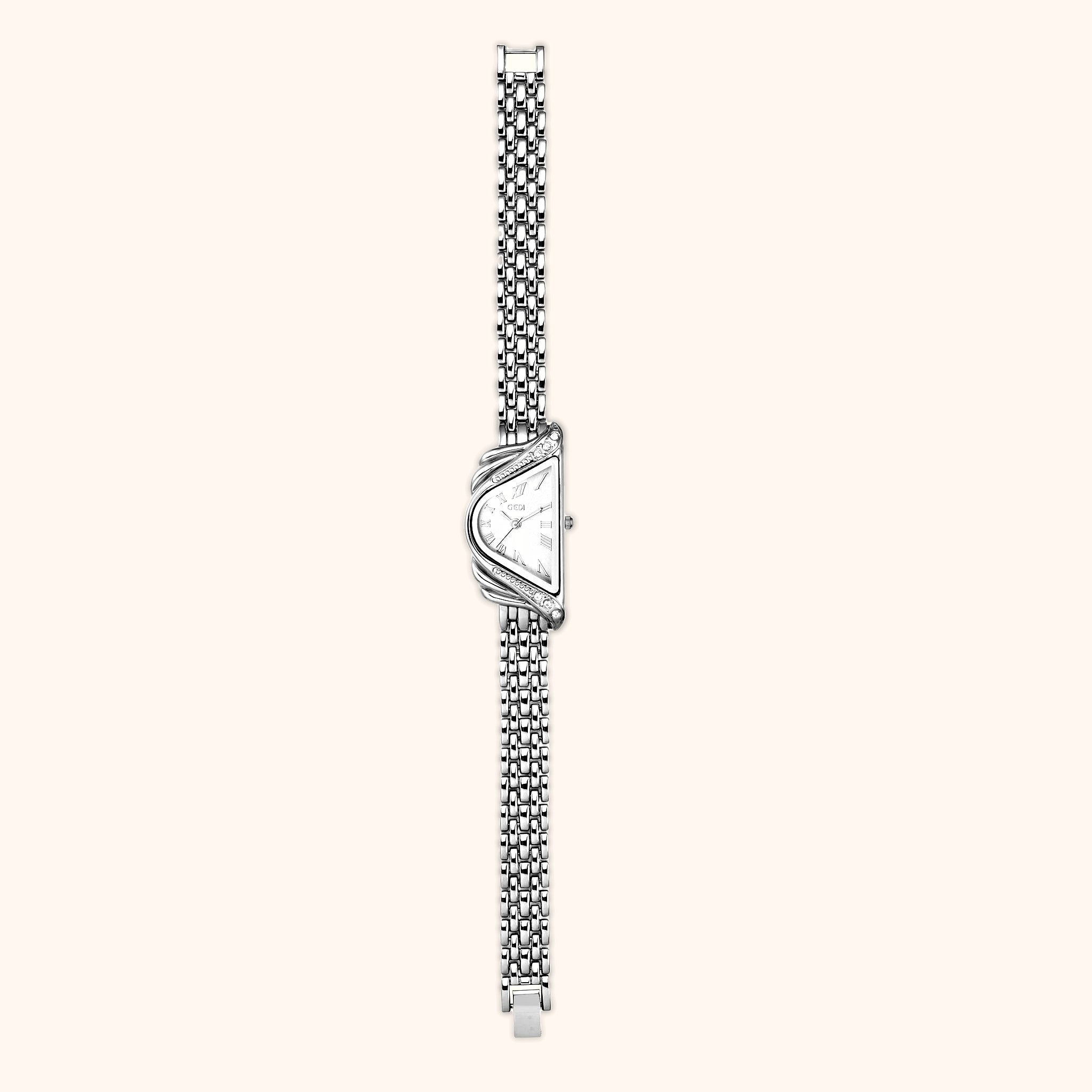 OhKlassy Aurelia Silver women's vintage-inspired watch, bracelet and clasp detail