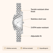 OhKlassy Aurelia Silver women's vintage-inspired watch, size and features infographic