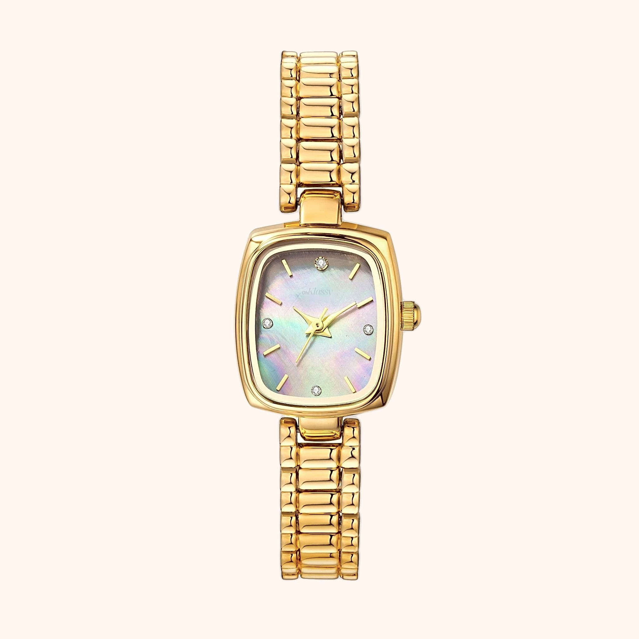 OhKlassy Aurora Gold Pearl women's vintage-inspired watch, front view