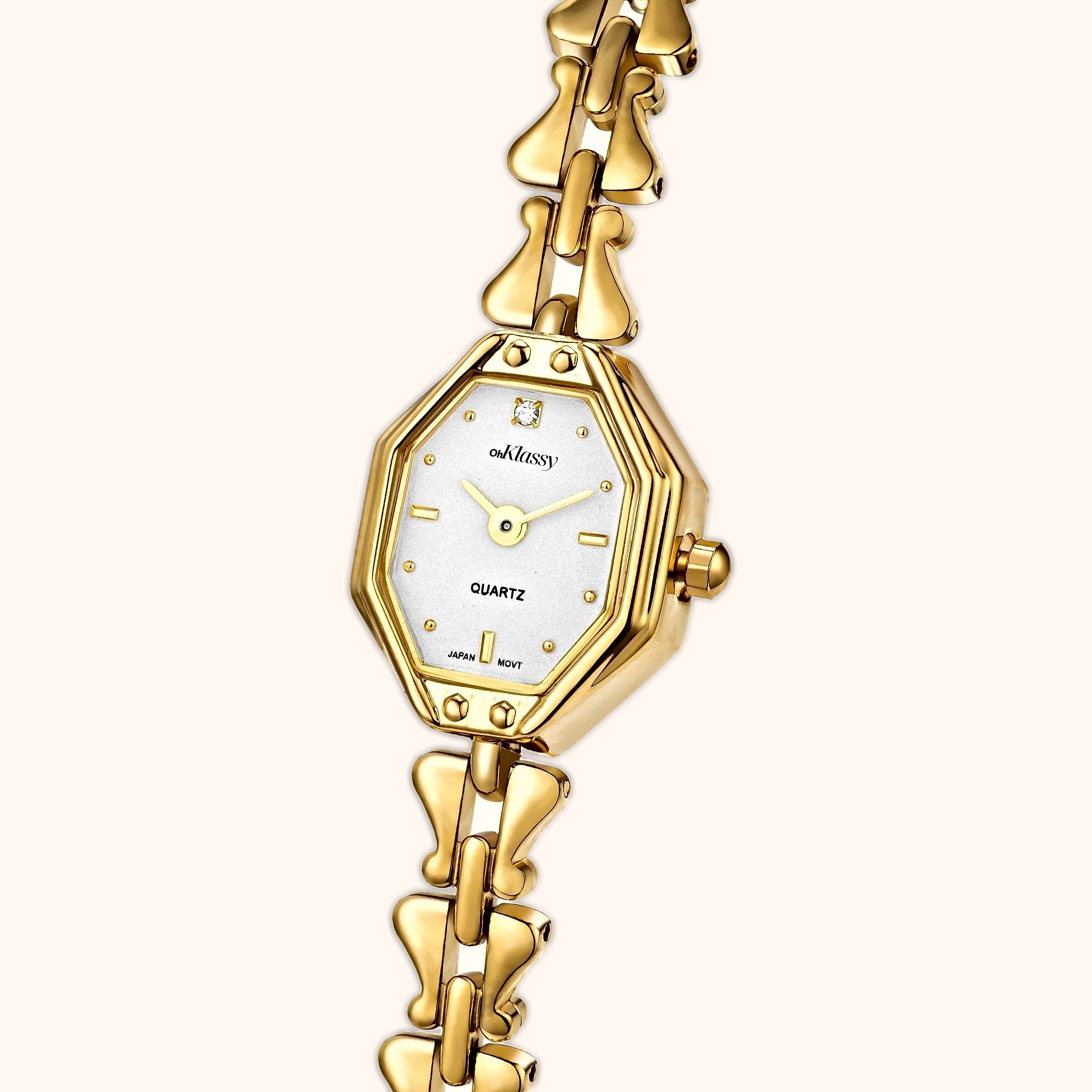 OhKlassy Celeste White Gold women's vintage-inspired watch, angled side view