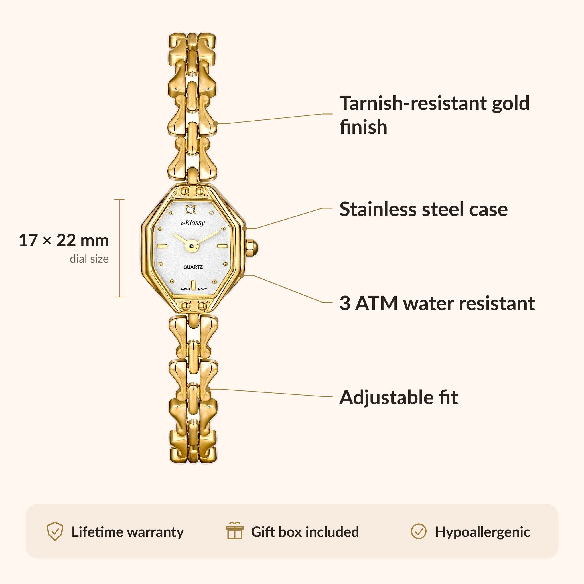 OhKlassy Celeste White Gold women's vintage-inspired watch, size and features infographic