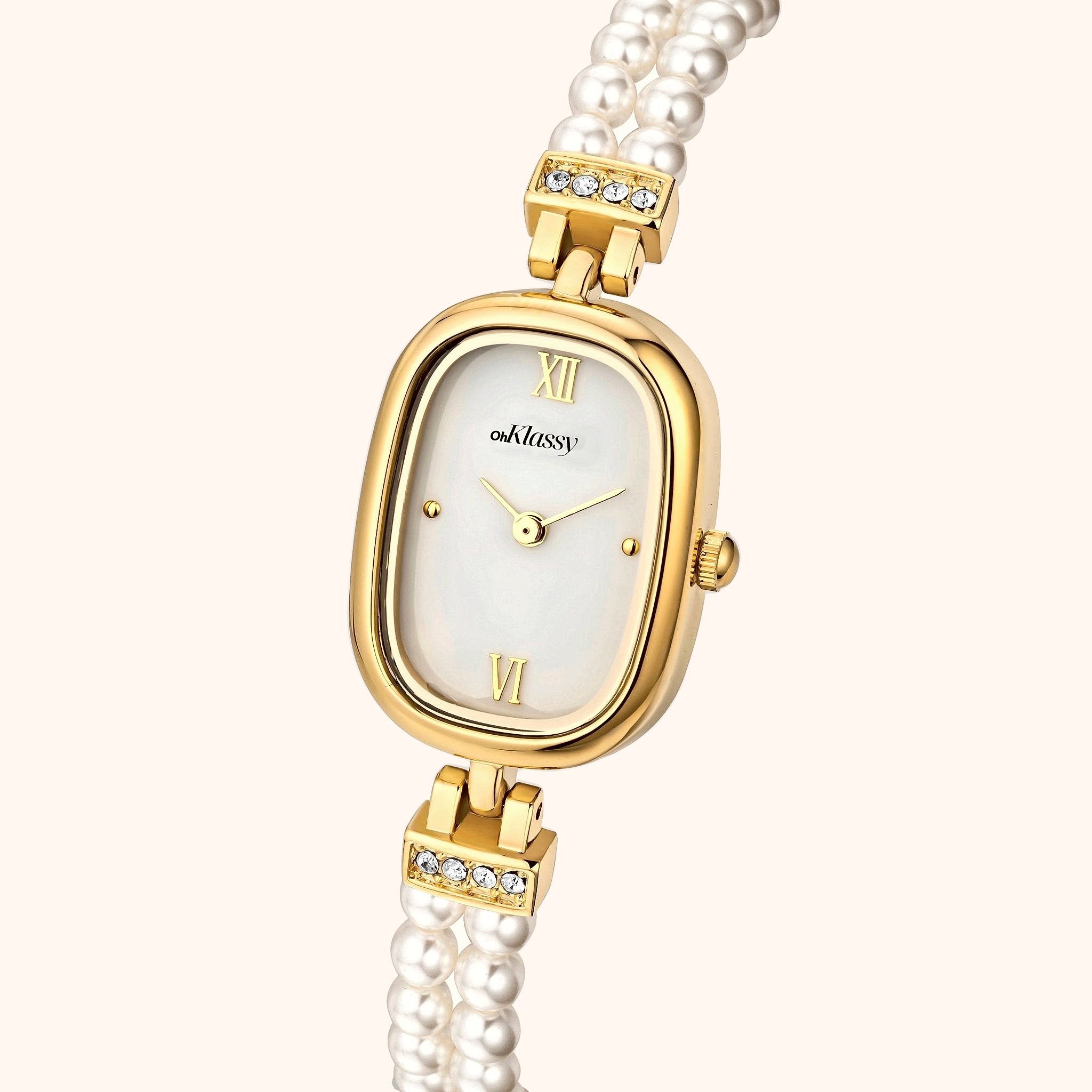 OhKlassy Davina Pearl Gold women's vintage-inspired watch, angled side view