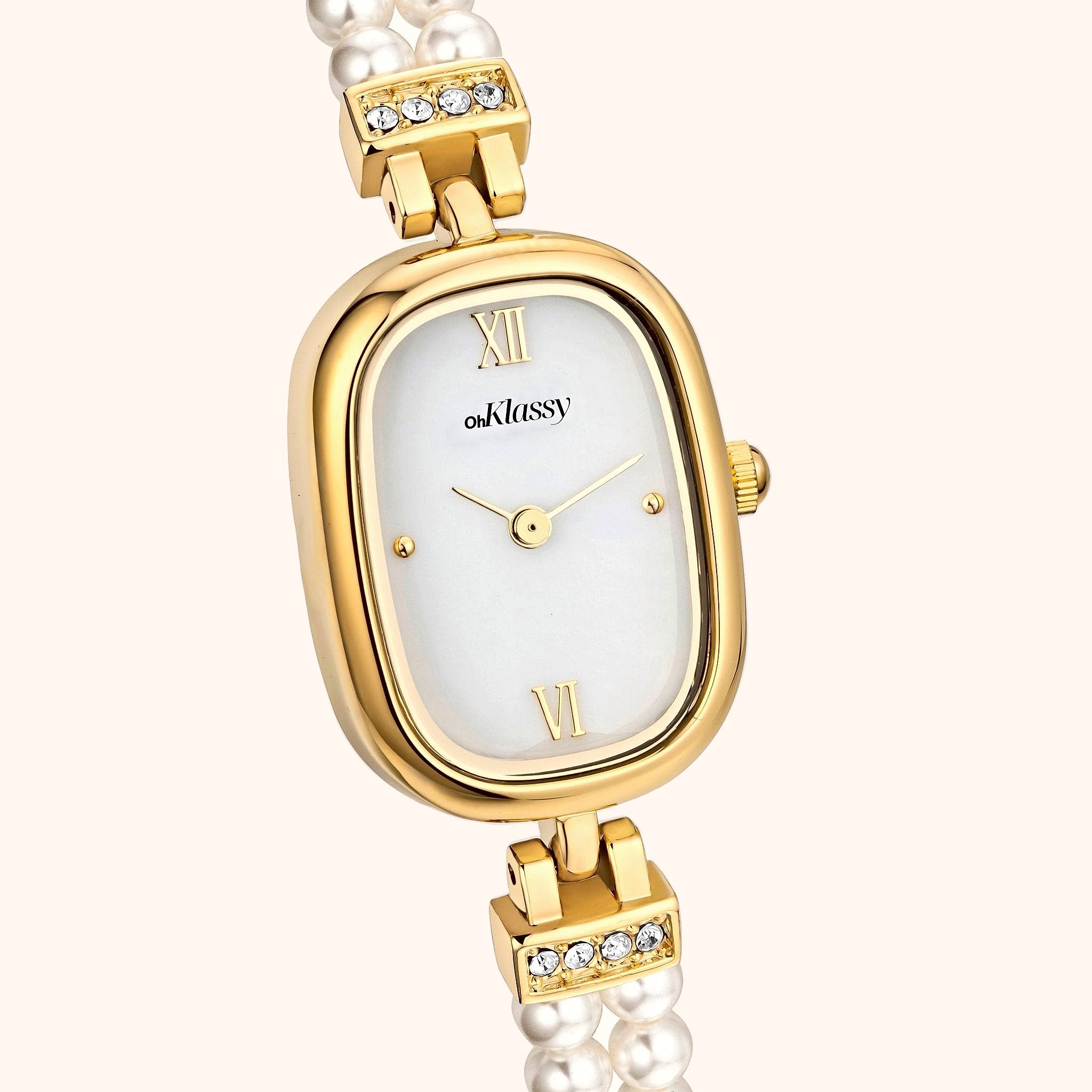 OhKlassy Davina Pearl Gold women's vintage-inspired watch, dial close-up