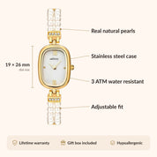OhKlassy Davina Pearl Gold women's vintage-inspired watch, size and features infographic