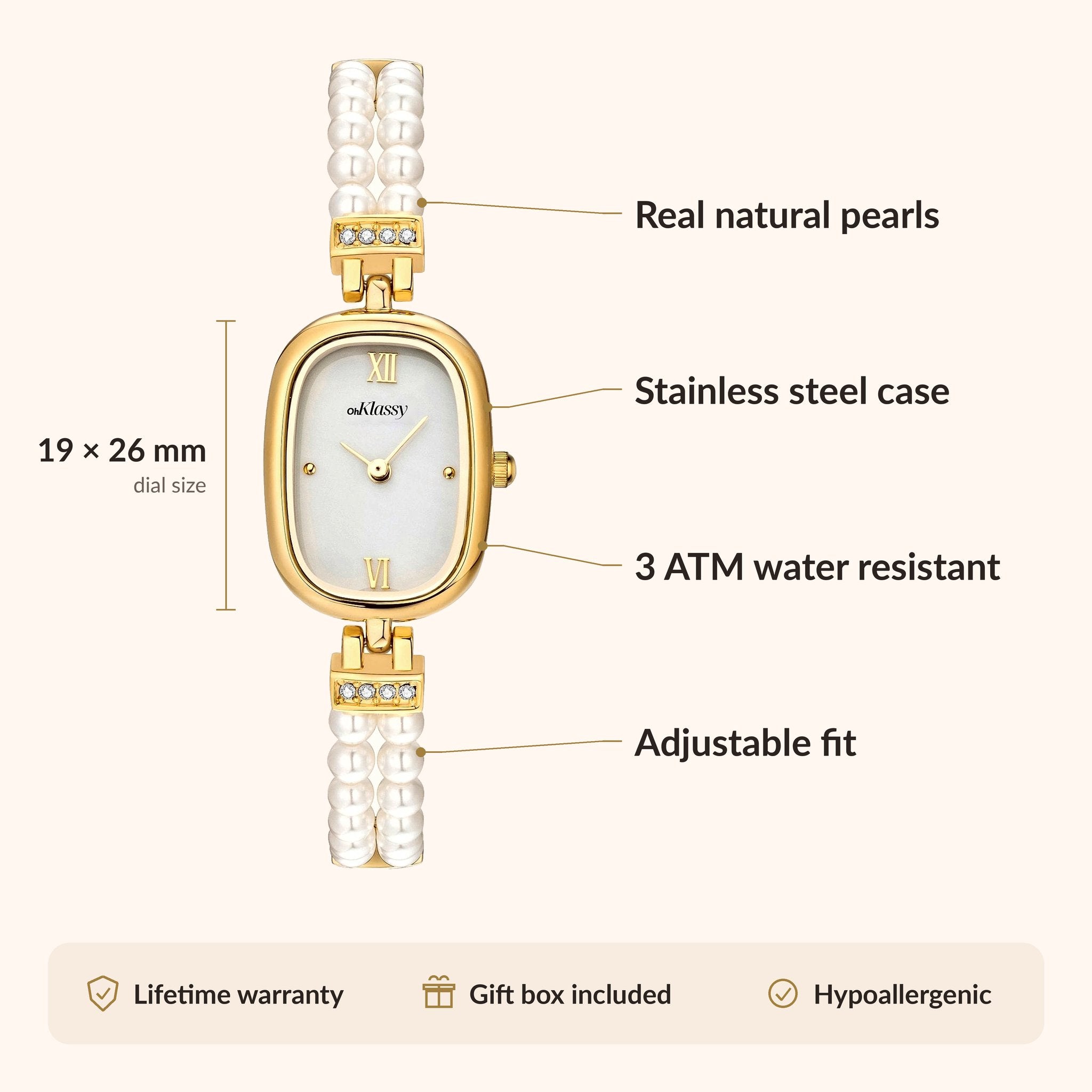 OhKlassy Davina Pearl Gold women's vintage-inspired watch, size and features infographic