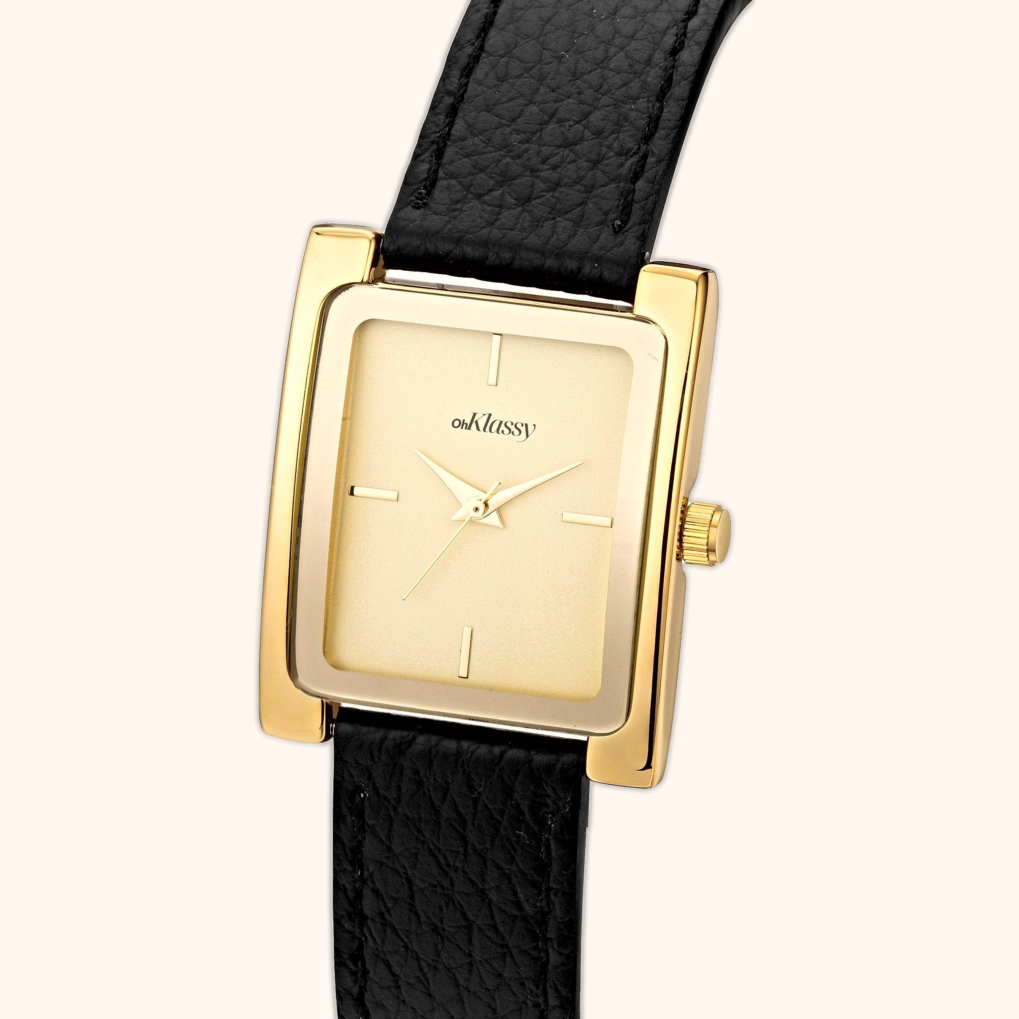 OhKlassy Elena Leather Gold women's vintage-inspired watch, angled side view