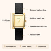 OhKlassy Elena Leather Gold women's vintage-inspired watch, size and features infographic