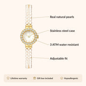 OhKlassy Elina Gold women's vintage-inspired watch, size and features infographic