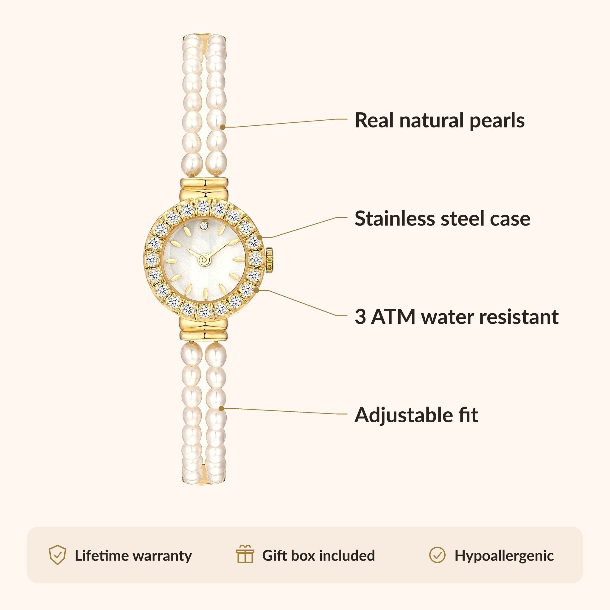 OhKlassy Elina Gold women's vintage-inspired watch, size and features infographic