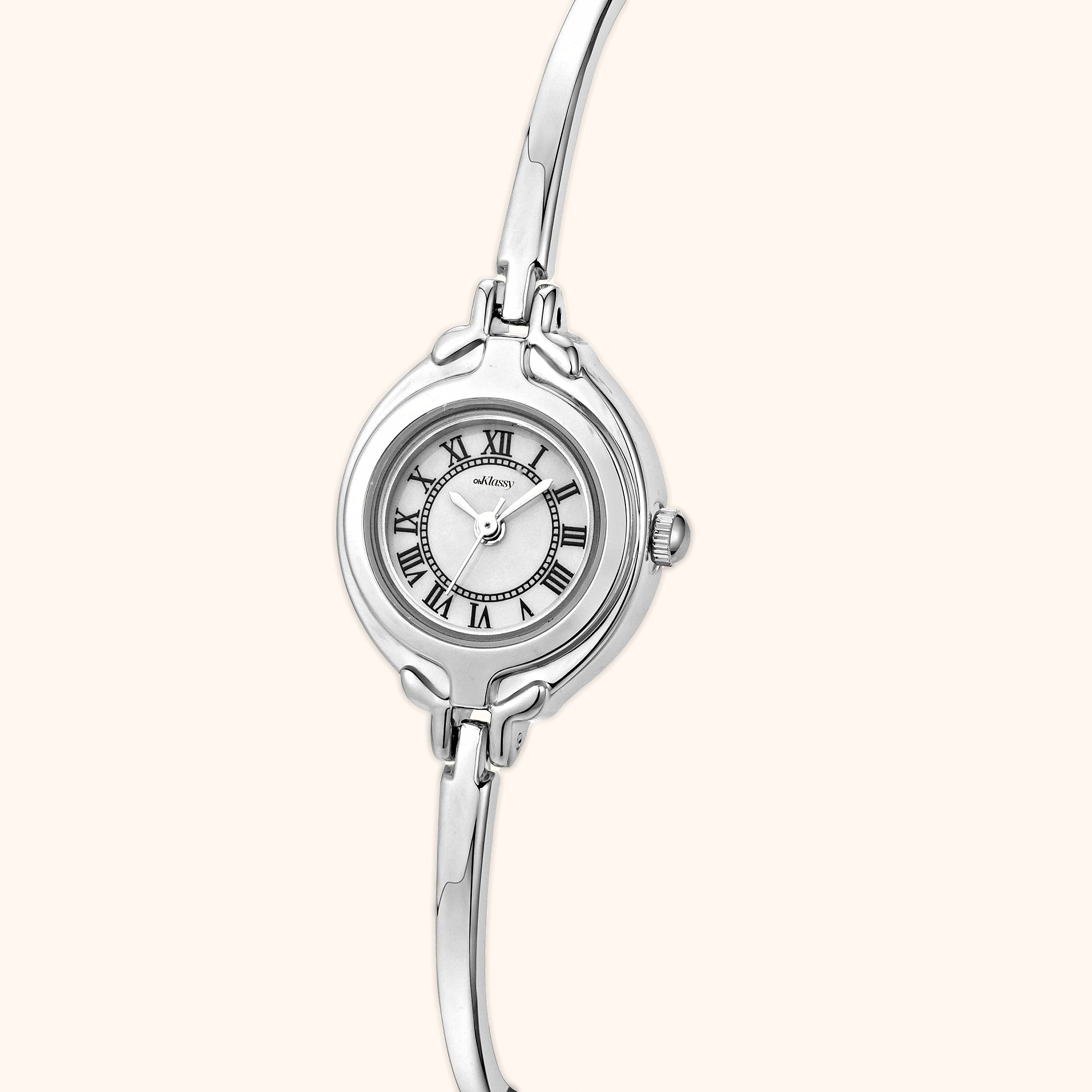 OhKlassy Emma Silver women's vintage-inspired watch, angled side view