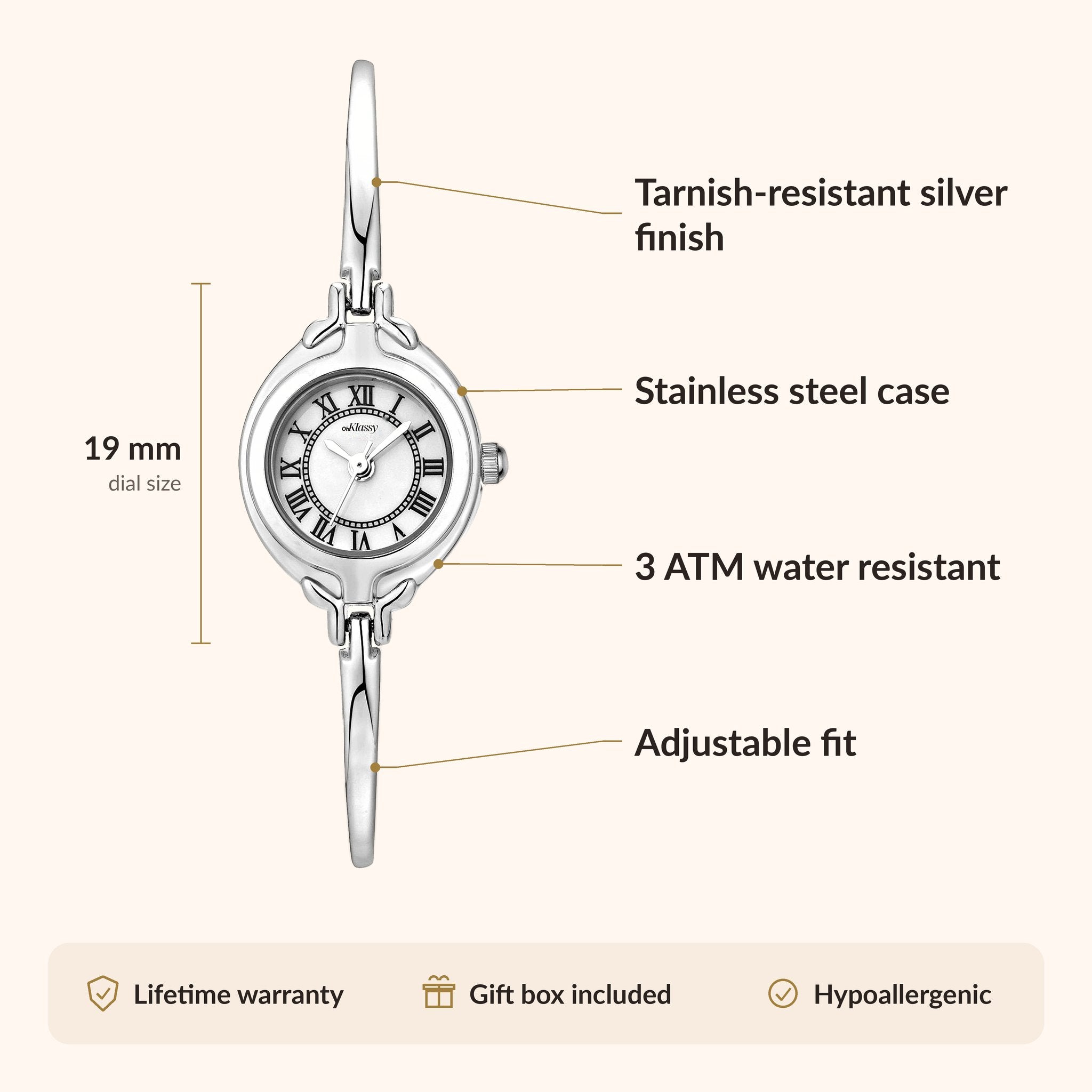 OhKlassy Emma Silver women's vintage-inspired watch, size and features infographic