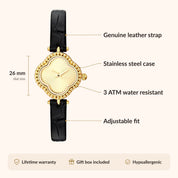OhKlassy Hannah Leather Gold women's vintage-inspired watch, size and features infographic