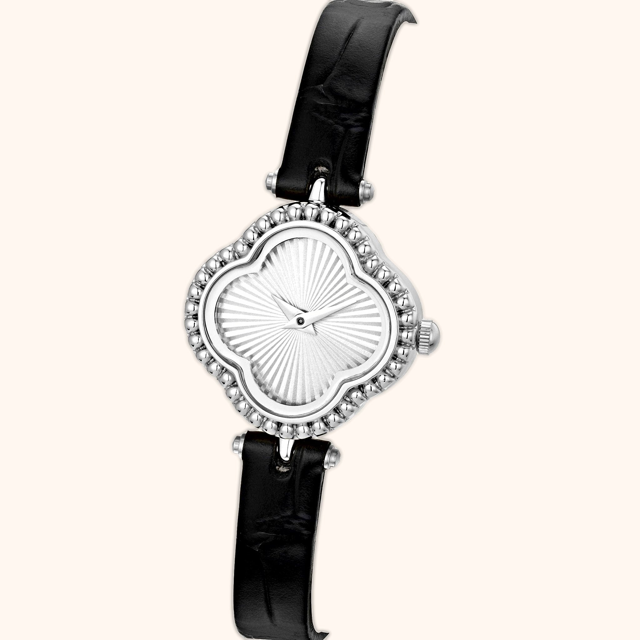 OhKlassy Hannah Leather Silver women's vintage-inspired watch, dial close-up