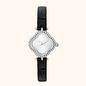 OhKlassy Hannah Leather Silver women's vintage-inspired watch, front view