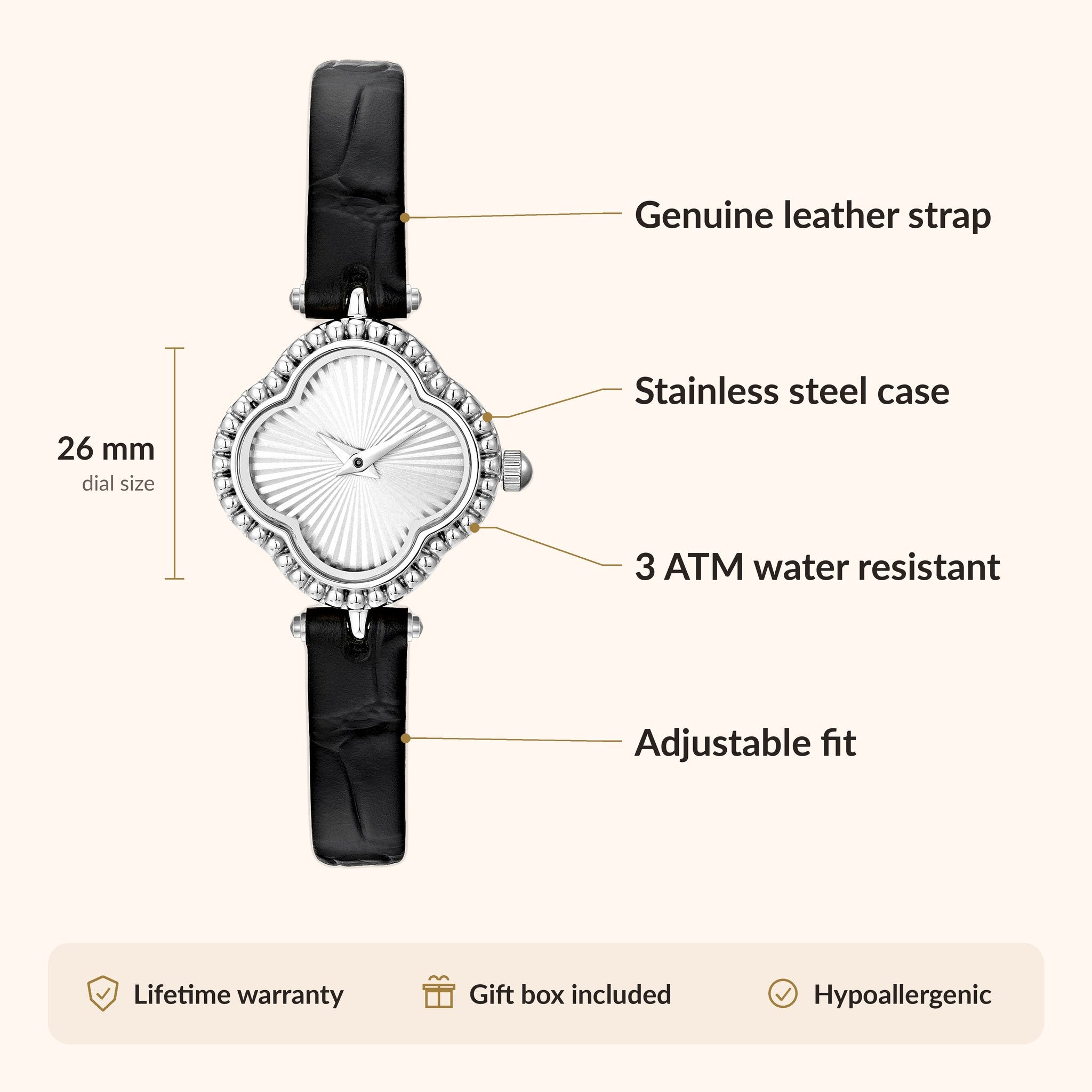 OhKlassy Hannah Leather Silver women's vintage-inspired watch, size and features infographic