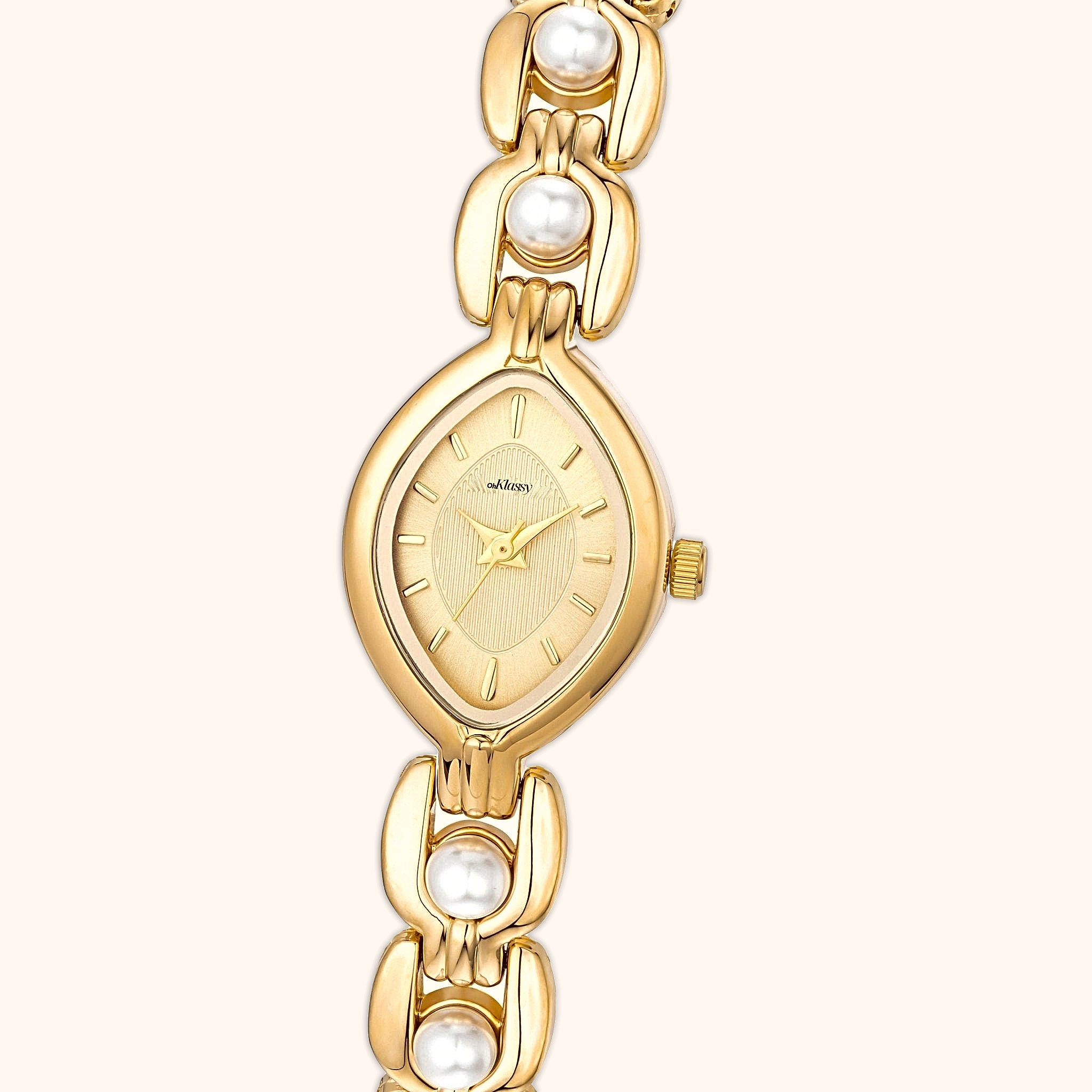 OhKlassy Isara Gold women's vintage-inspired watch, dial close-up