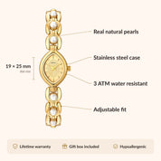 OhKlassy Isara Gold women's vintage-inspired watch, size and features infographic