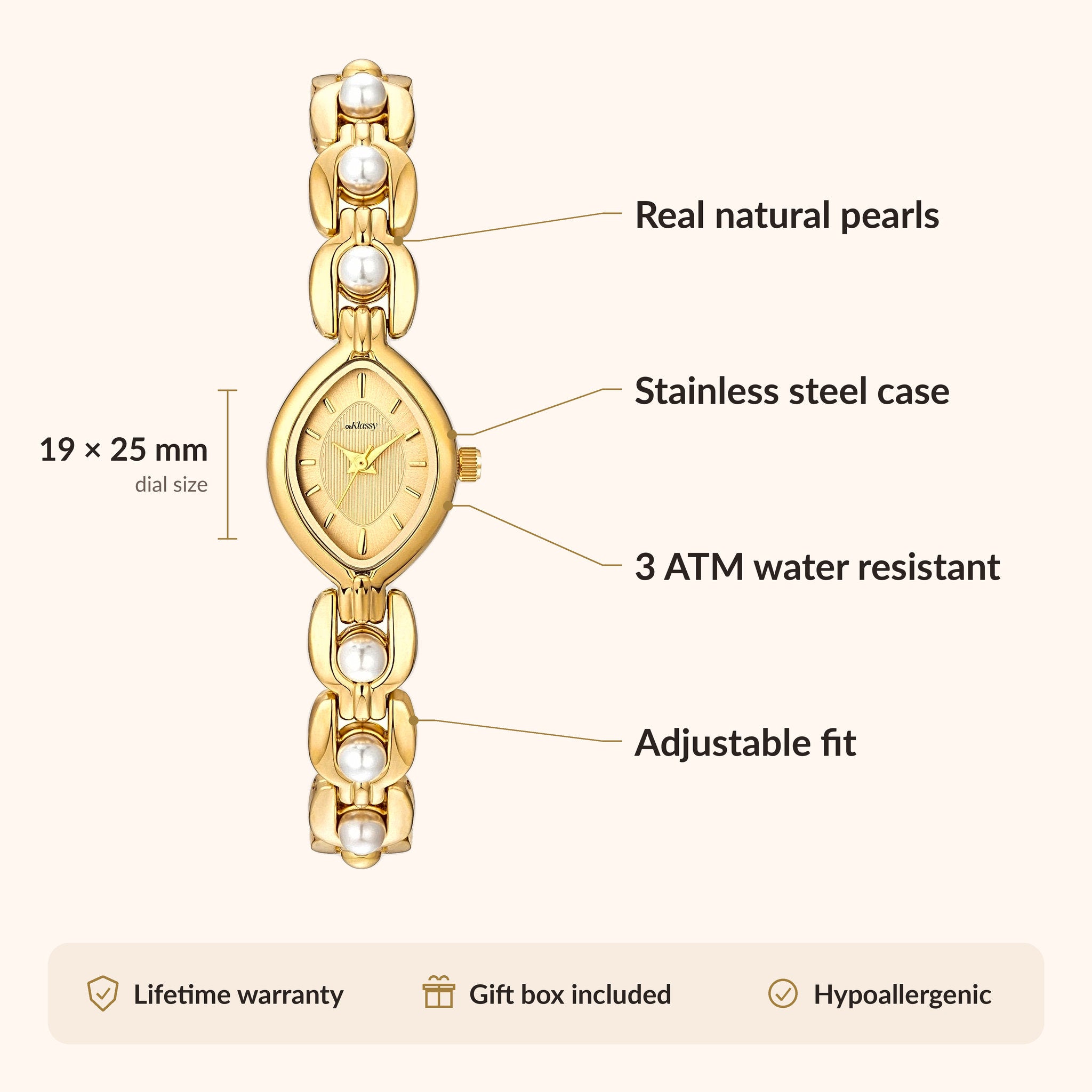 OhKlassy Isara Gold women's vintage-inspired watch, size and features infographic