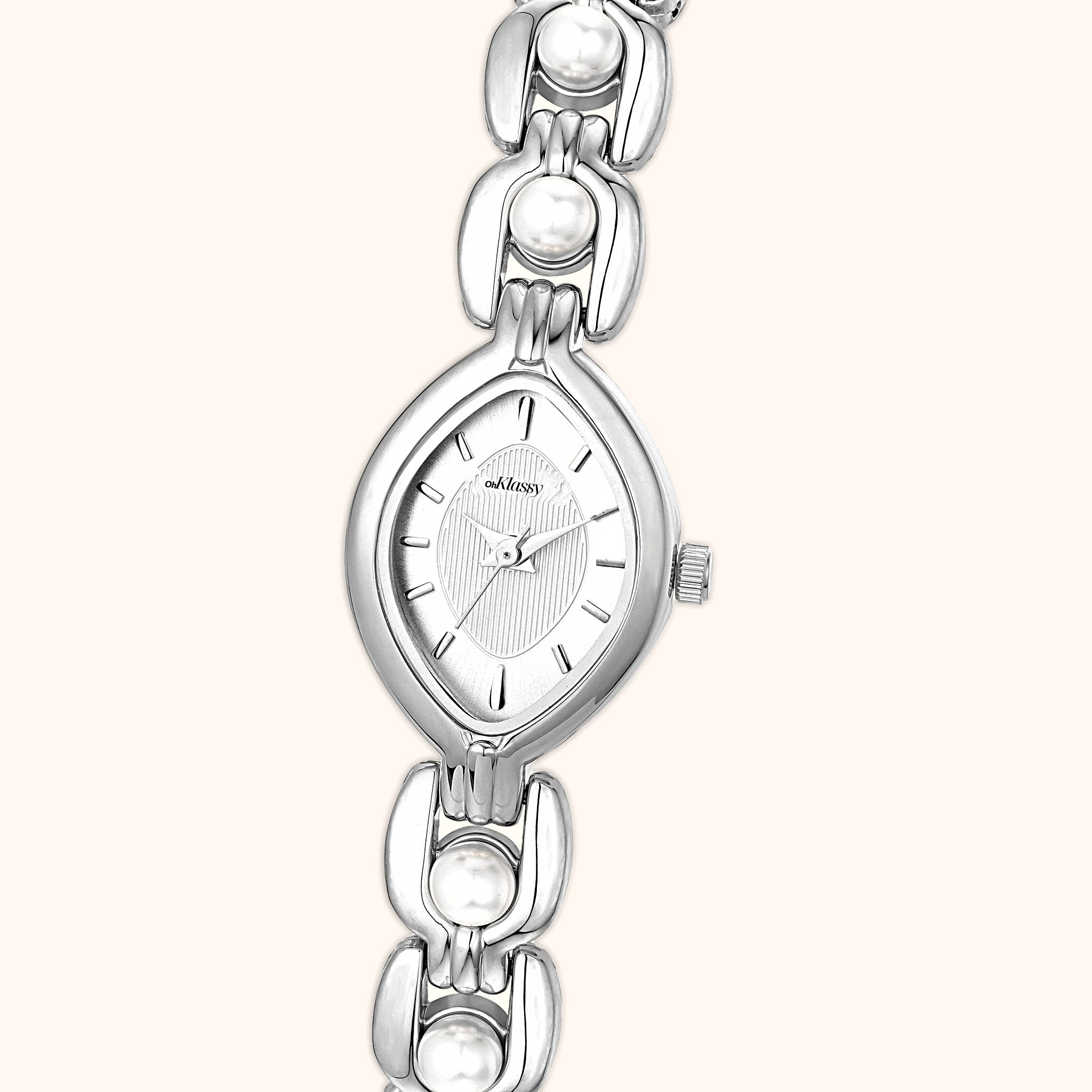 OhKlassy Isara Silver women's vintage-inspired watch, dial close-up