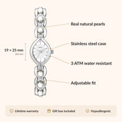 OhKlassy Isara Silver women's vintage-inspired watch, size and features infographic