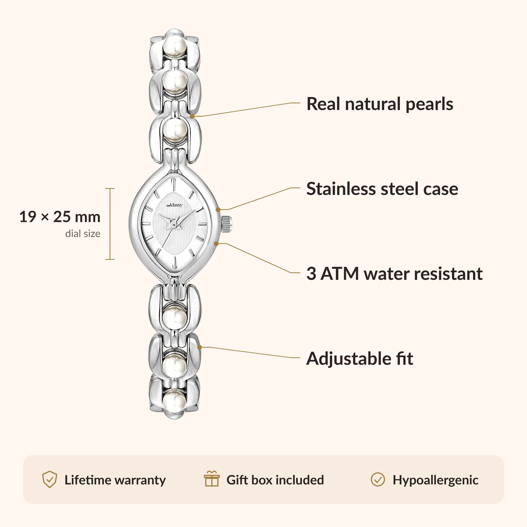 OhKlassy Isara Silver women's vintage-inspired watch, size and features infographic