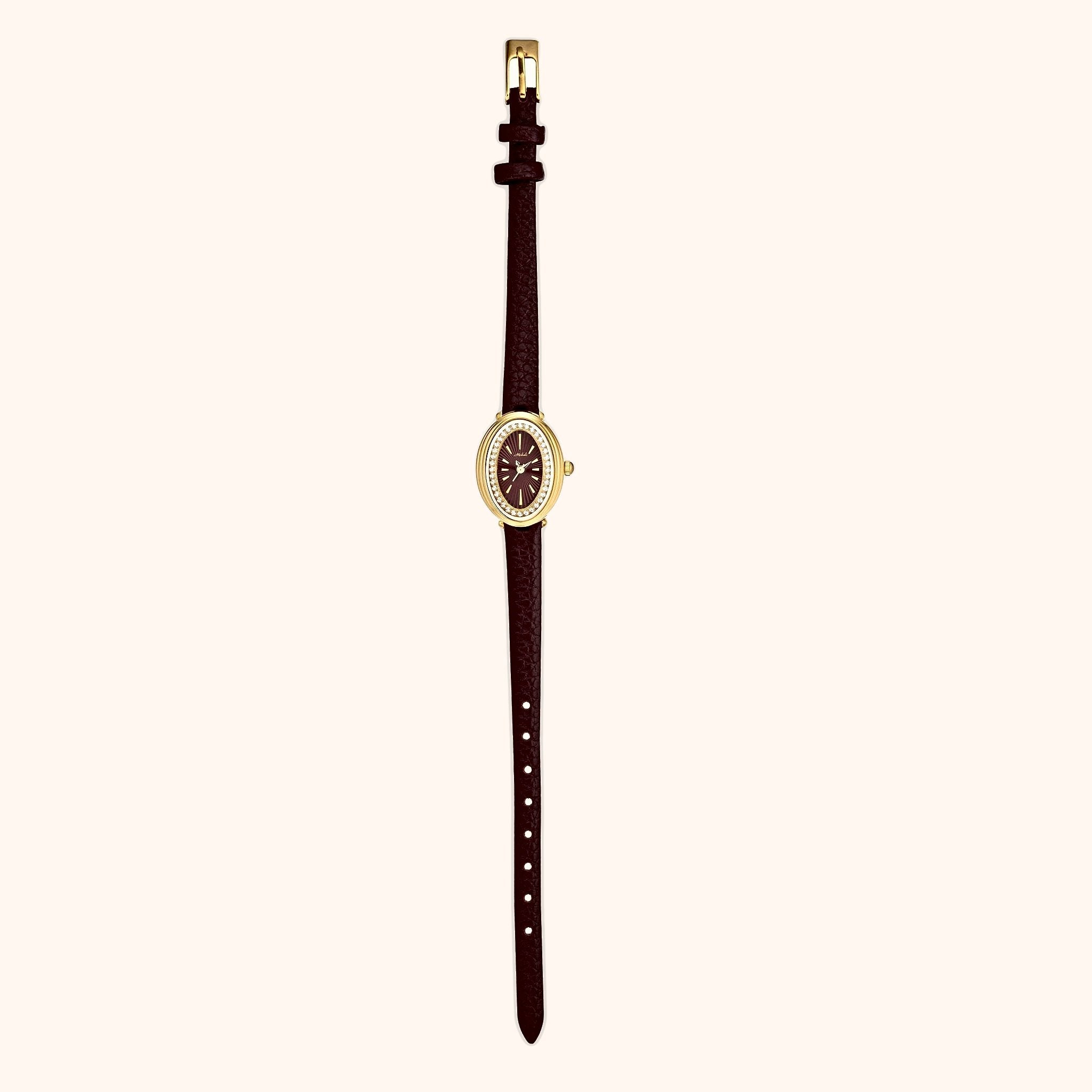 OhKlassy Livia Leather Gold women's vintage-inspired watch, angled side view