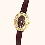 OhKlassy Livia Leather Gold women's vintage-inspired watch, dial close-up