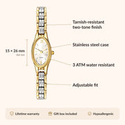 OhKlassy Naomi Two-Tone women's vintage-inspired watch, size and features infographic