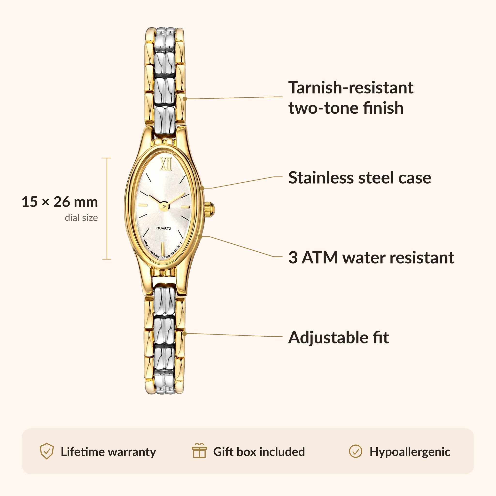 OhKlassy Naomi Two-Tone women's vintage-inspired watch, size and features infographic