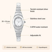 OhKlassy Ophelia Silver women's vintage-inspired watch, size and features infographic